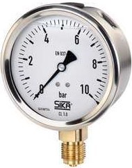 Sika Bourdon tube pressure gauge, marine version, Type MRE-M, crimped-on ring case, stainless steel, nominal size 100mm, filled with glycerin, display range -1…+3 , bottom connection,  G1/2, brass